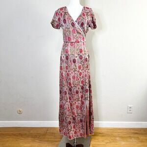 CECILIA PRADO Anthropologie Floral Metallic Wrap Maxi Dress Rose Size M NEW